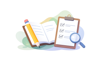 Flat illustration of a notebook, pencil, checklist clipboard, and magnifying glass showing a simple essay order process.