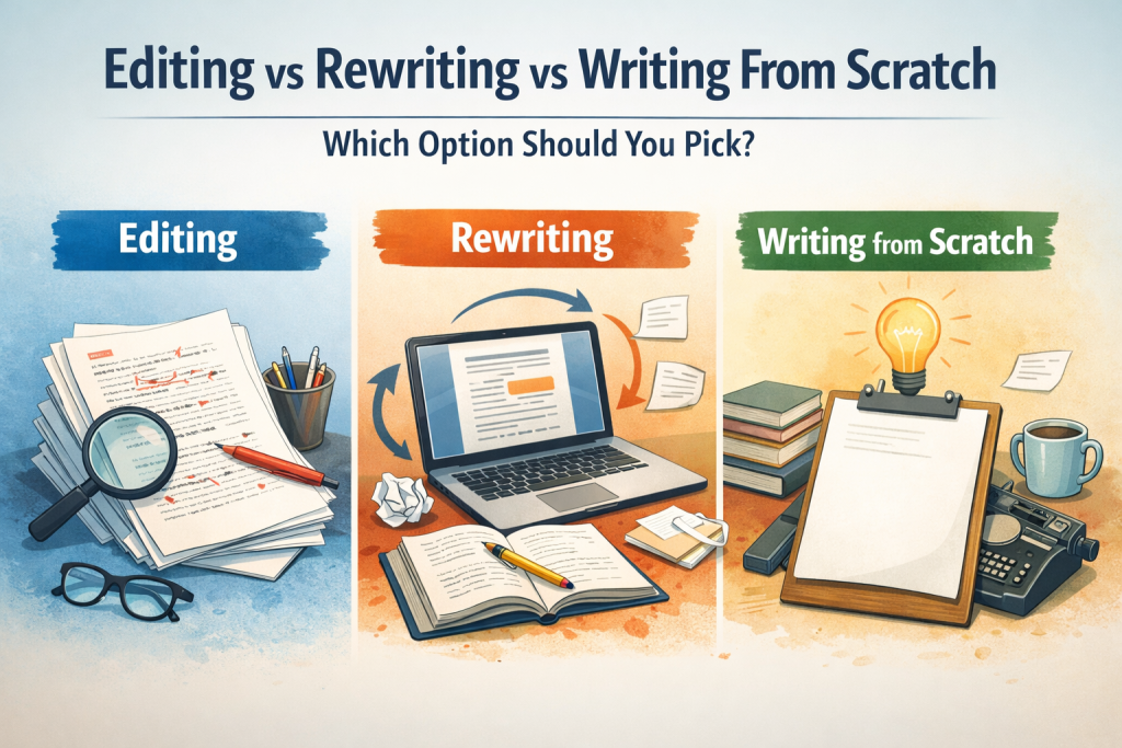 Illustration comparing editing, rewriting, and writing from scratch with three panels showing marked-up pages, a laptop with revisions, and a blank page for a new draft.