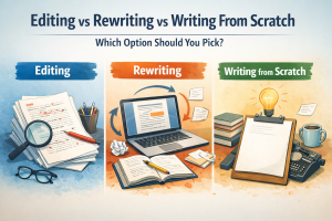 Illustration comparing editing, rewriting, and writing from scratch with three panels showing marked-up pages, a laptop with revisions, and a blank page for a new draft.