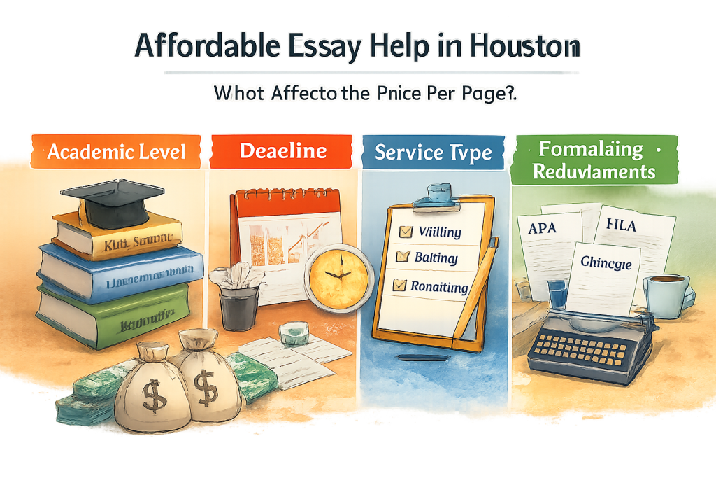 Illustration showing the main factors that affect essay price per page: academic level, deadline, service type, and formatting requirements, with icons for each.