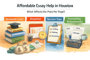 Illustration showing the main factors that affect essay price per page: academic level, deadline, service type, and formatting requirements, with icons for each.