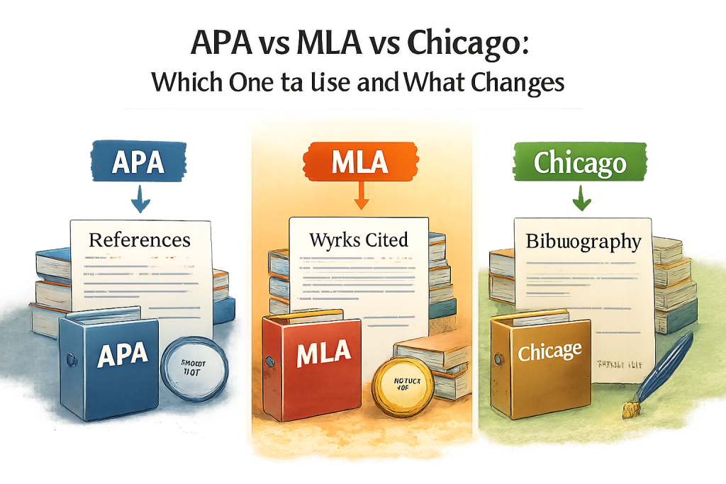Illustration comparing APA, MLA, and Chicago citation styles with three labeled panels showing references/works cited/bibliography pages and study materials.