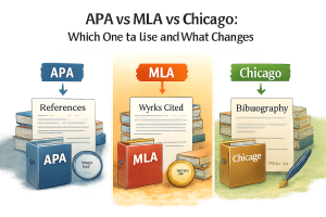Illustration comparing APA, MLA, and Chicago citation styles with three labeled panels showing references/works cited/bibliography pages and study materials.